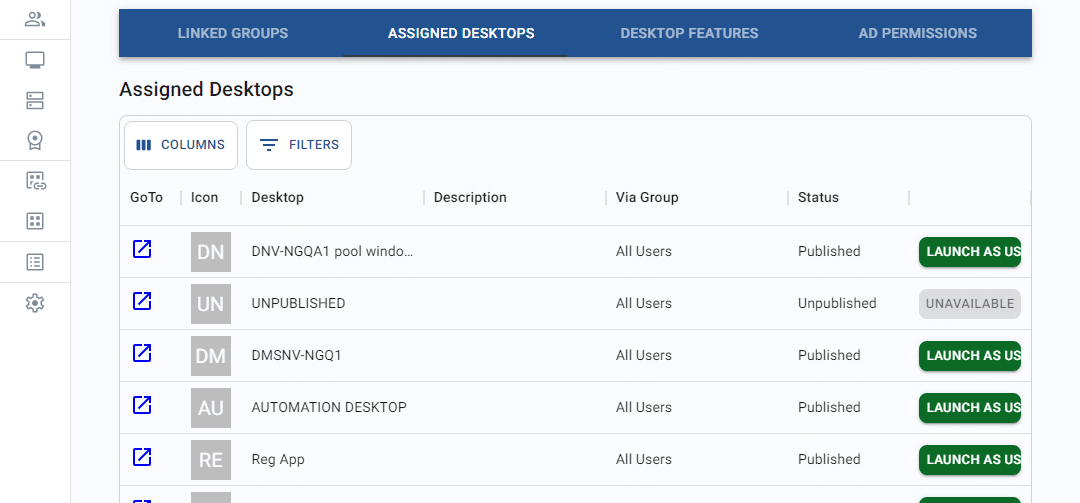 desktops assigned to the user