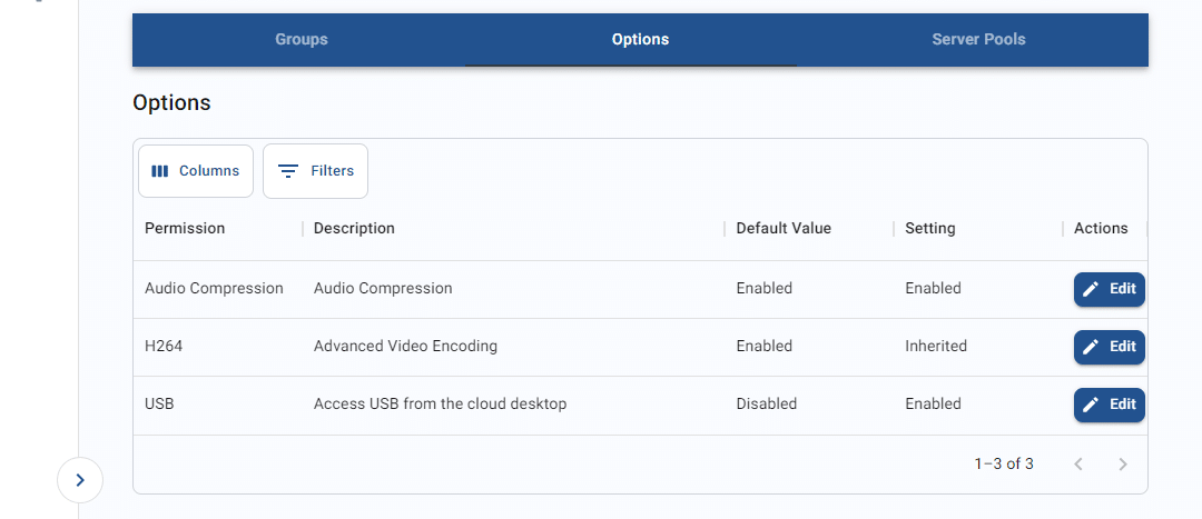 desktop options list