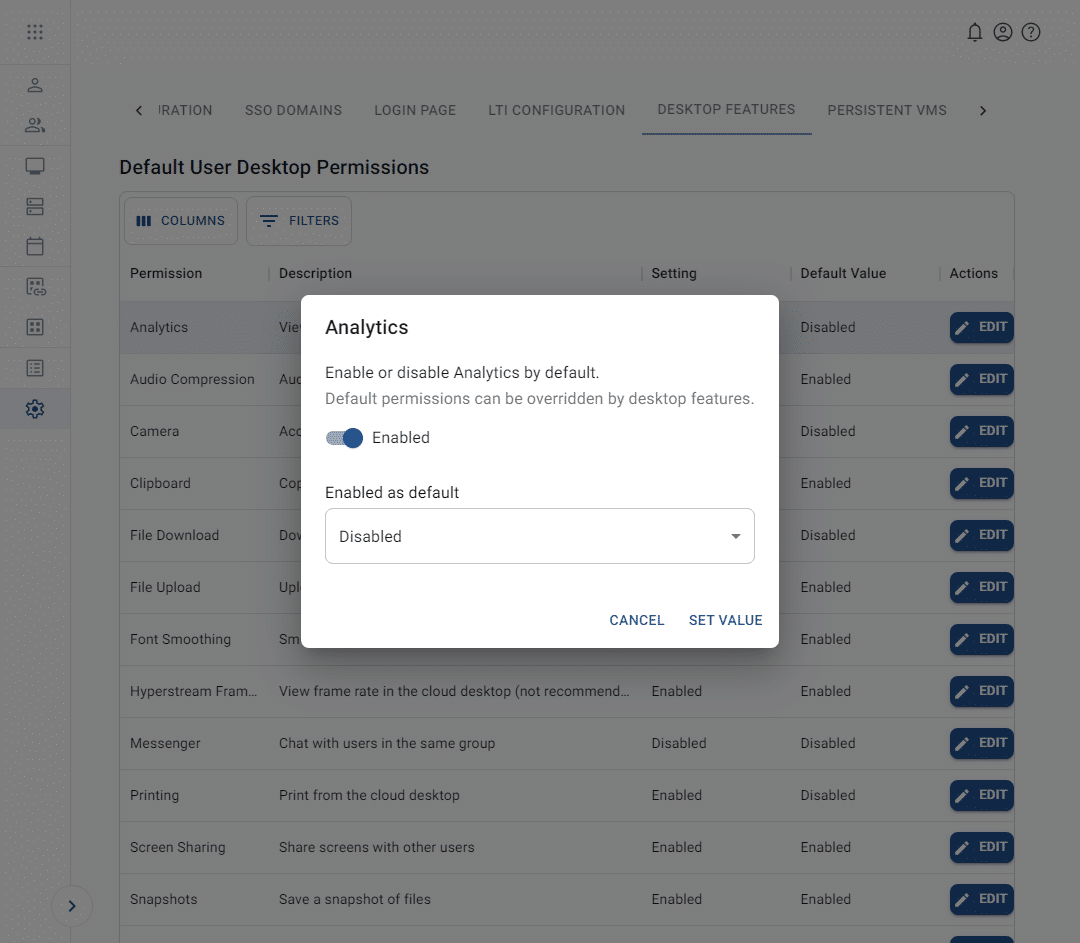 editing a desktop feature permission