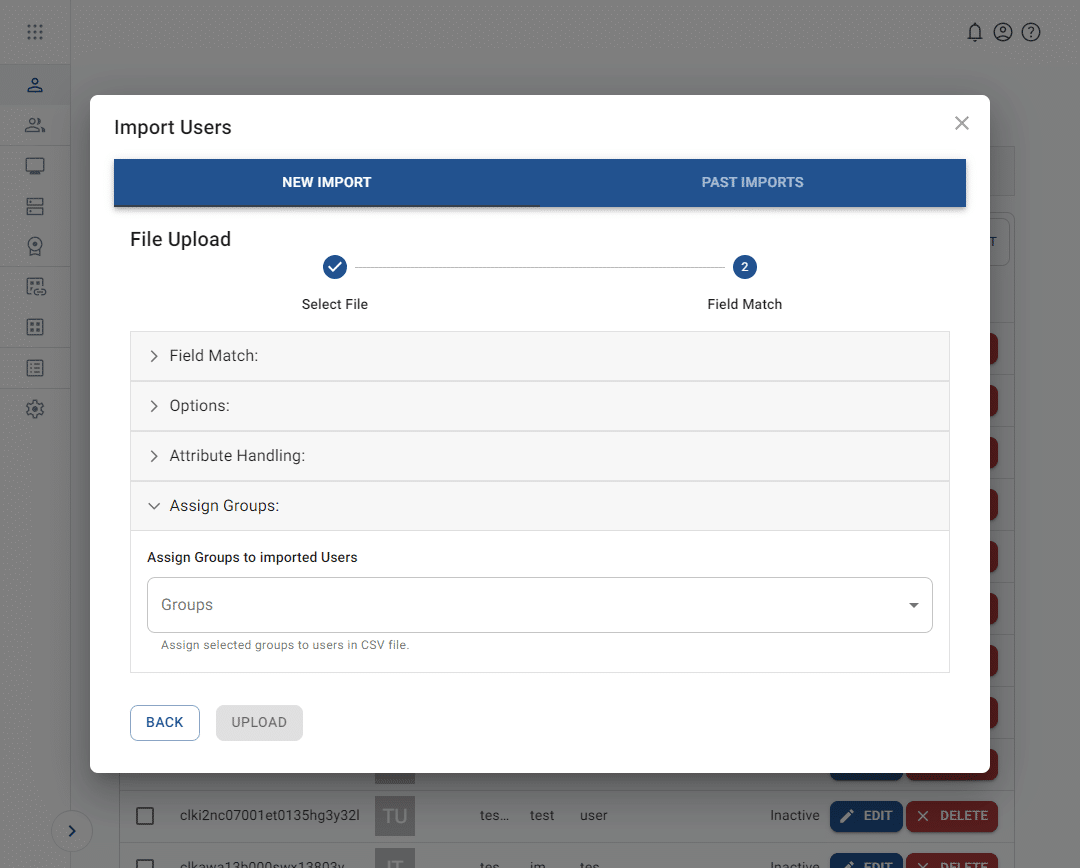 step 1 of the import users tool includes assigning groups