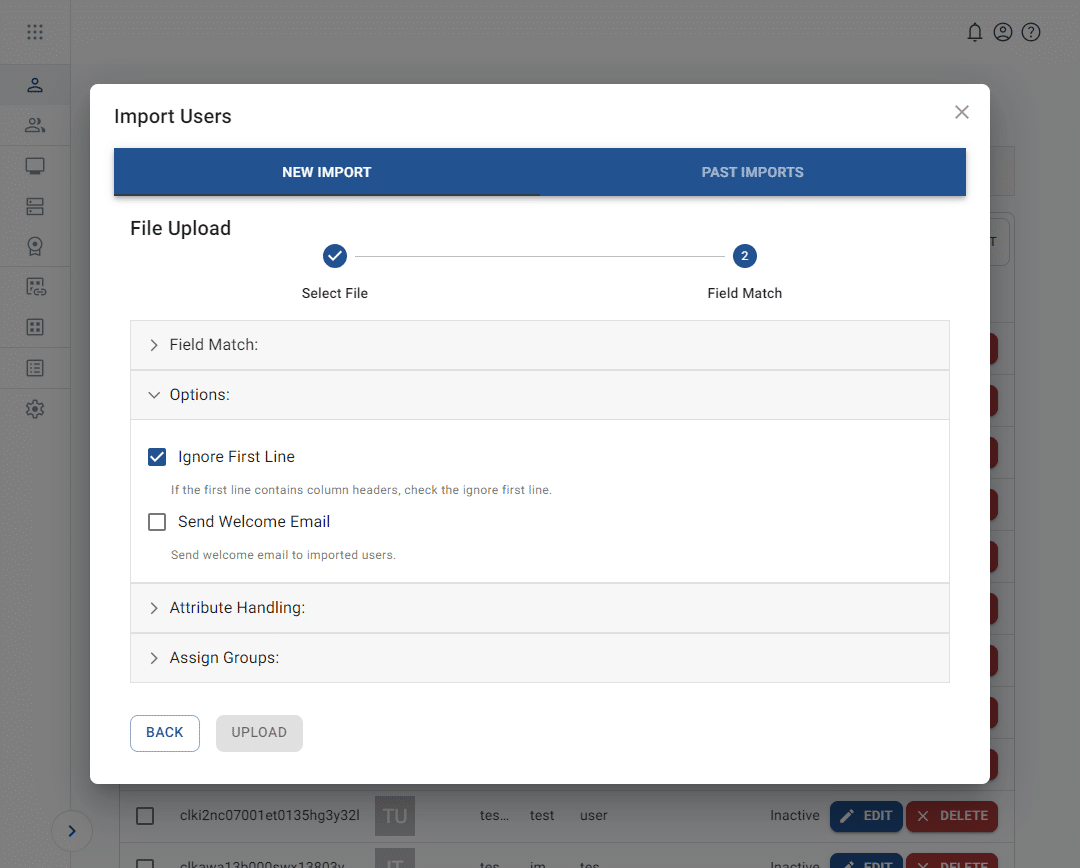 step 1 of the import users tool includes options for column headers and welcome emails