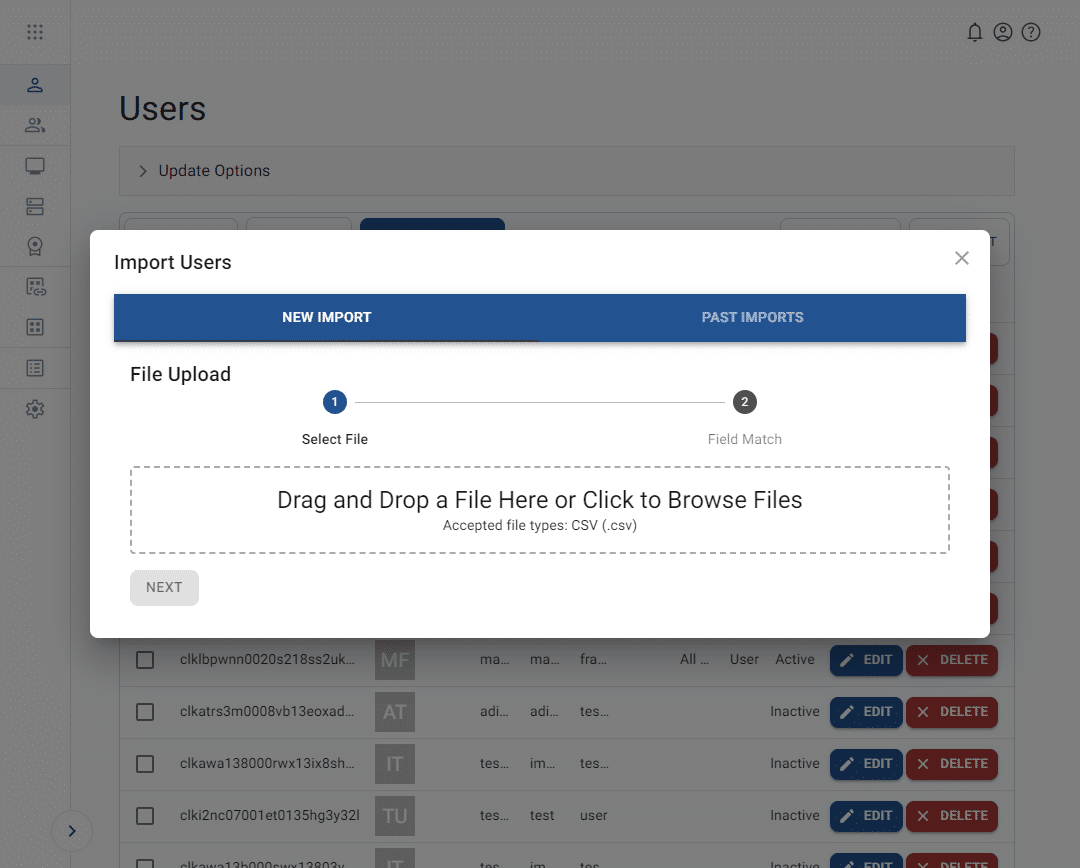 step 1 of the import users tool involves uploading a CSV file