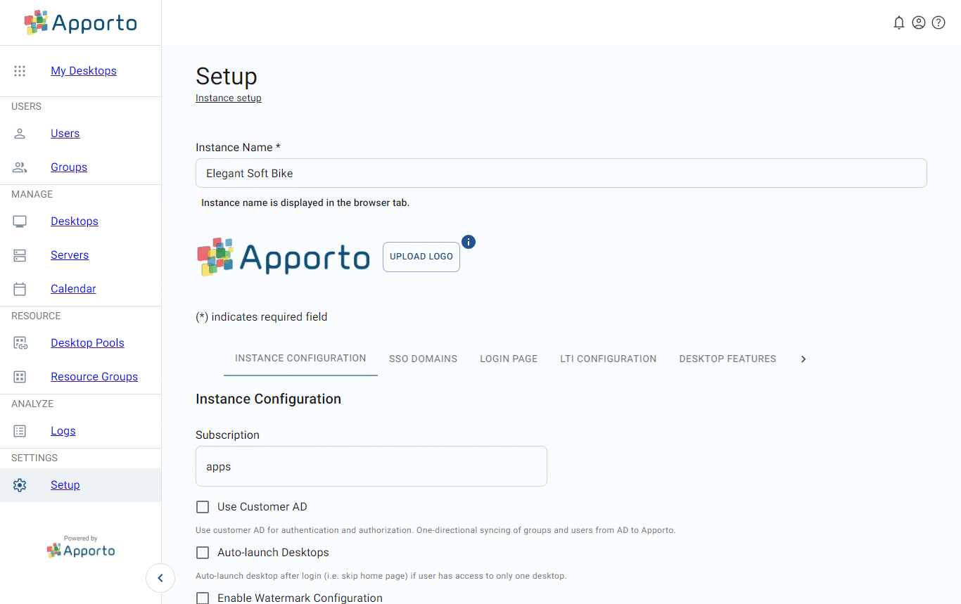 Apporto instance branding setup