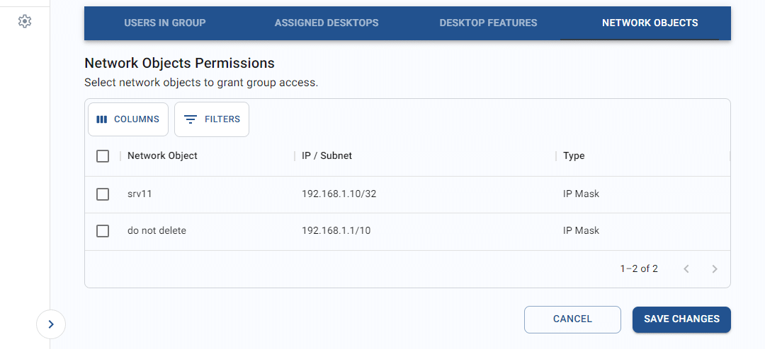 a group's network object permissions