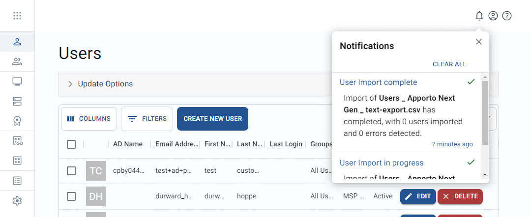 user receives notifications of import progress