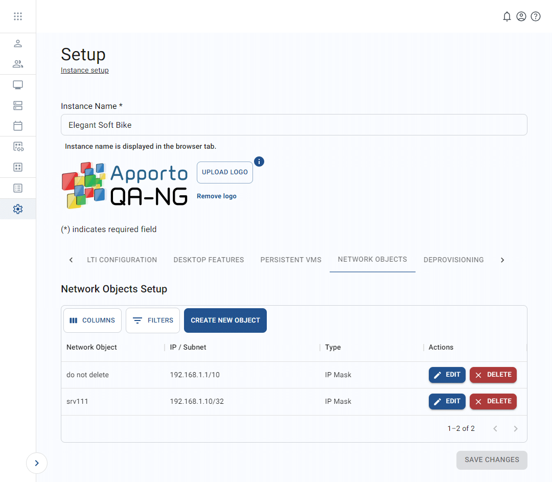 network objects tab in setup