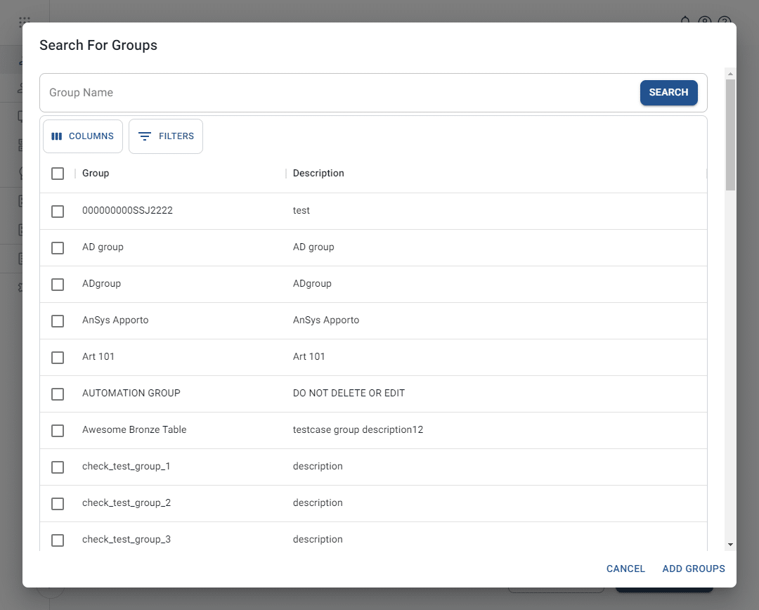 group search pop-up for assigning a group to a user