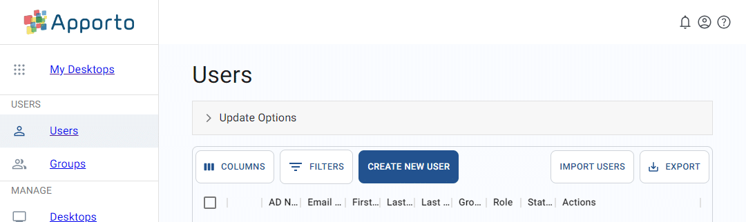 user list button to create a new user