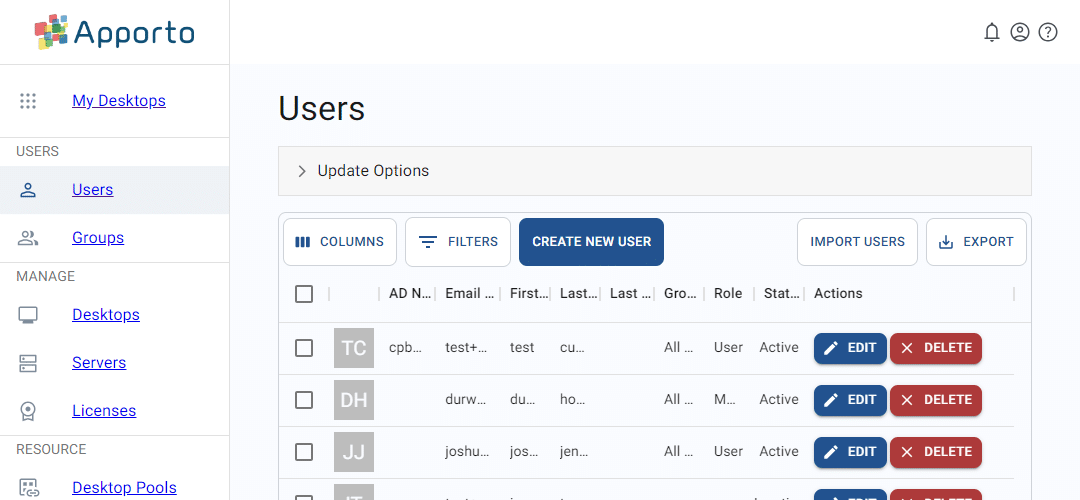 edit user button on each row of the user list screen