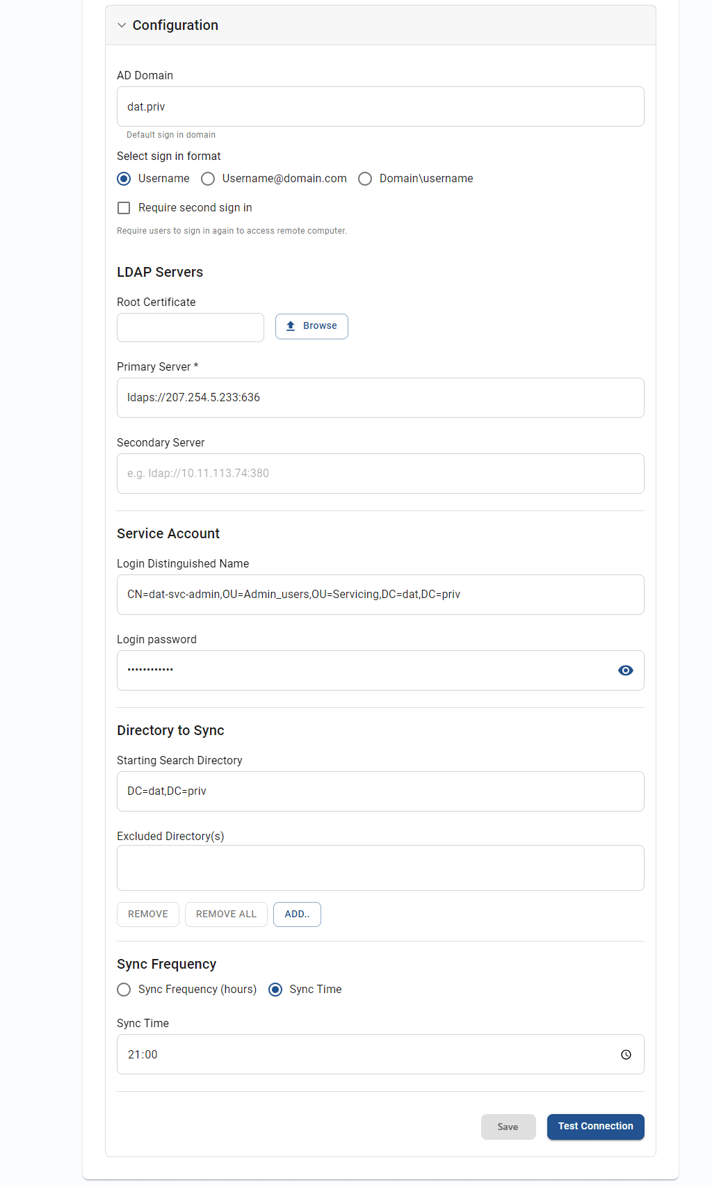 AD sync configuration form