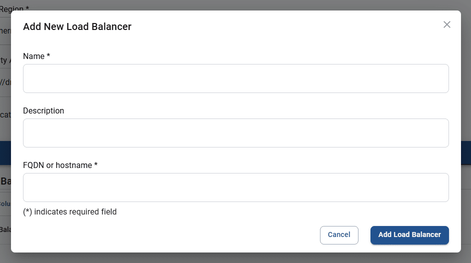 add new load balancer pop-up