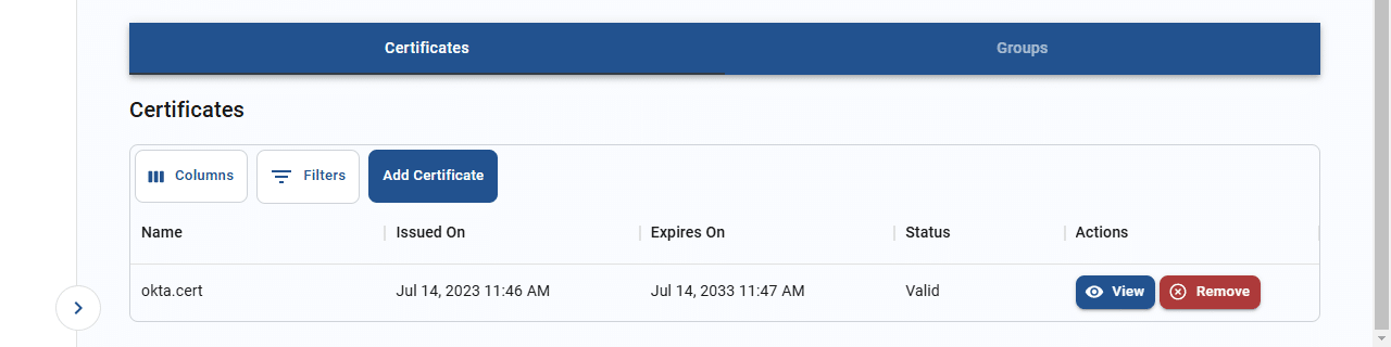 certificates tab for an SSO domain