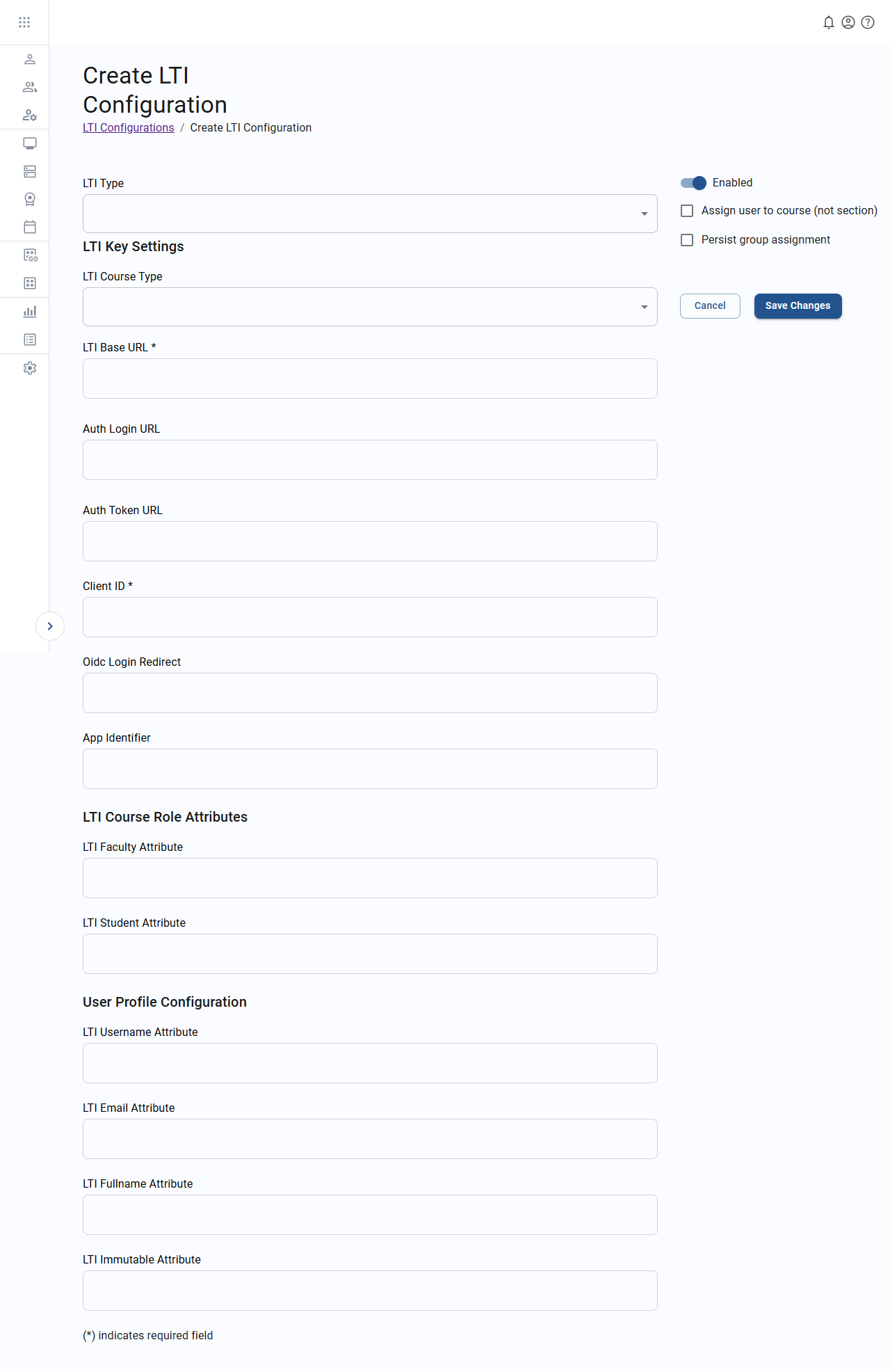 create LTI configuration screen