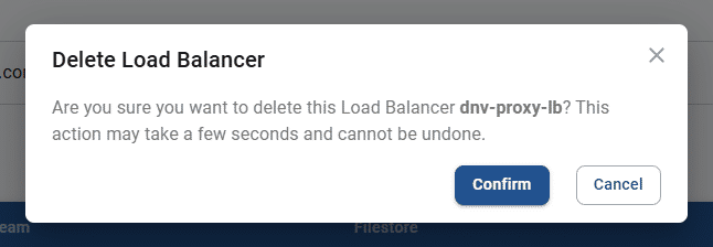 delete load balancer pop-up