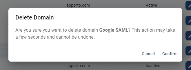 delete SSO domain pop-up