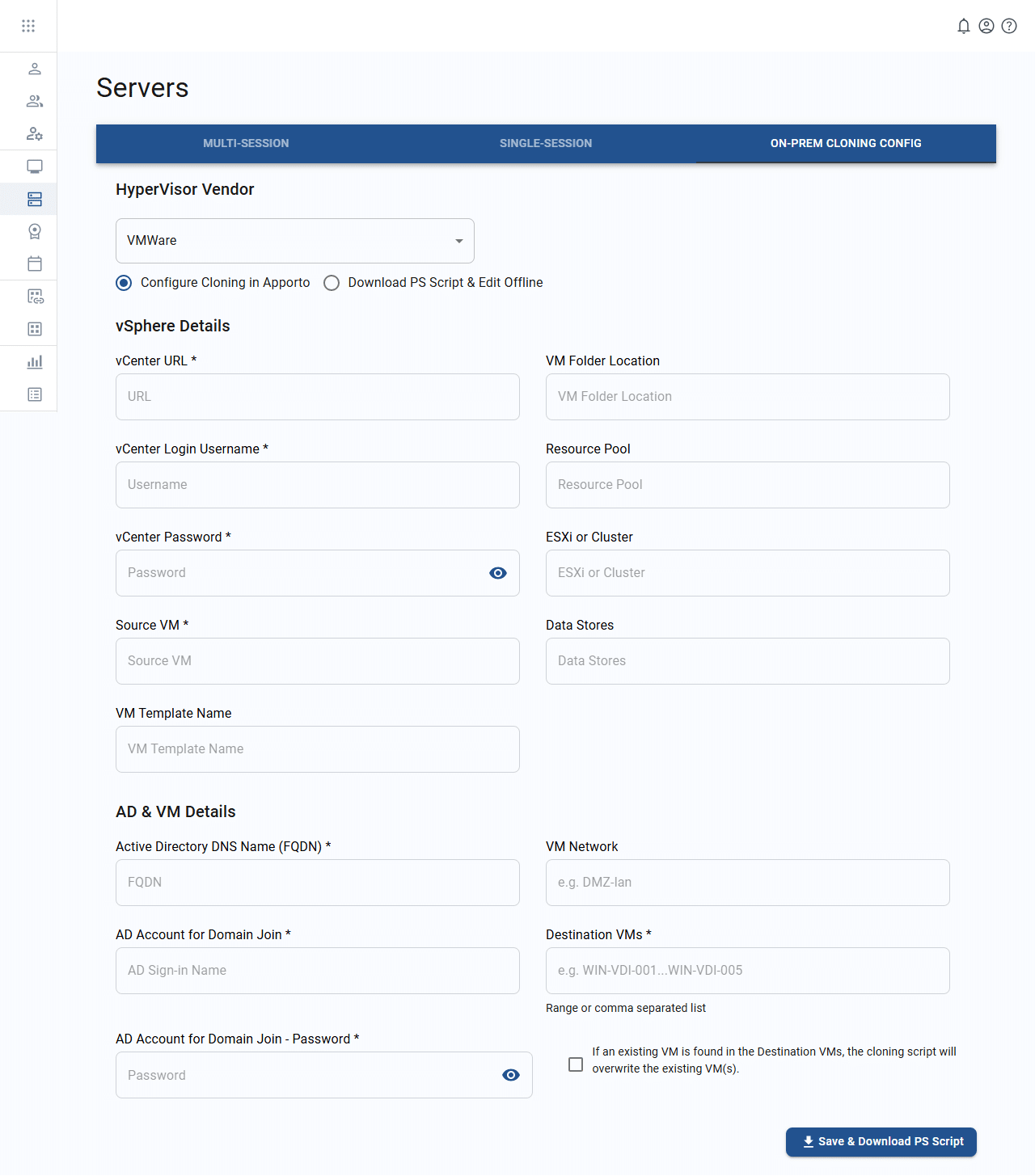 on-prem cloning config tab on the servers screen