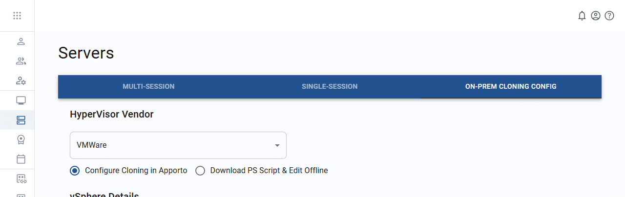 on-prem cloning config tab on servers screen
