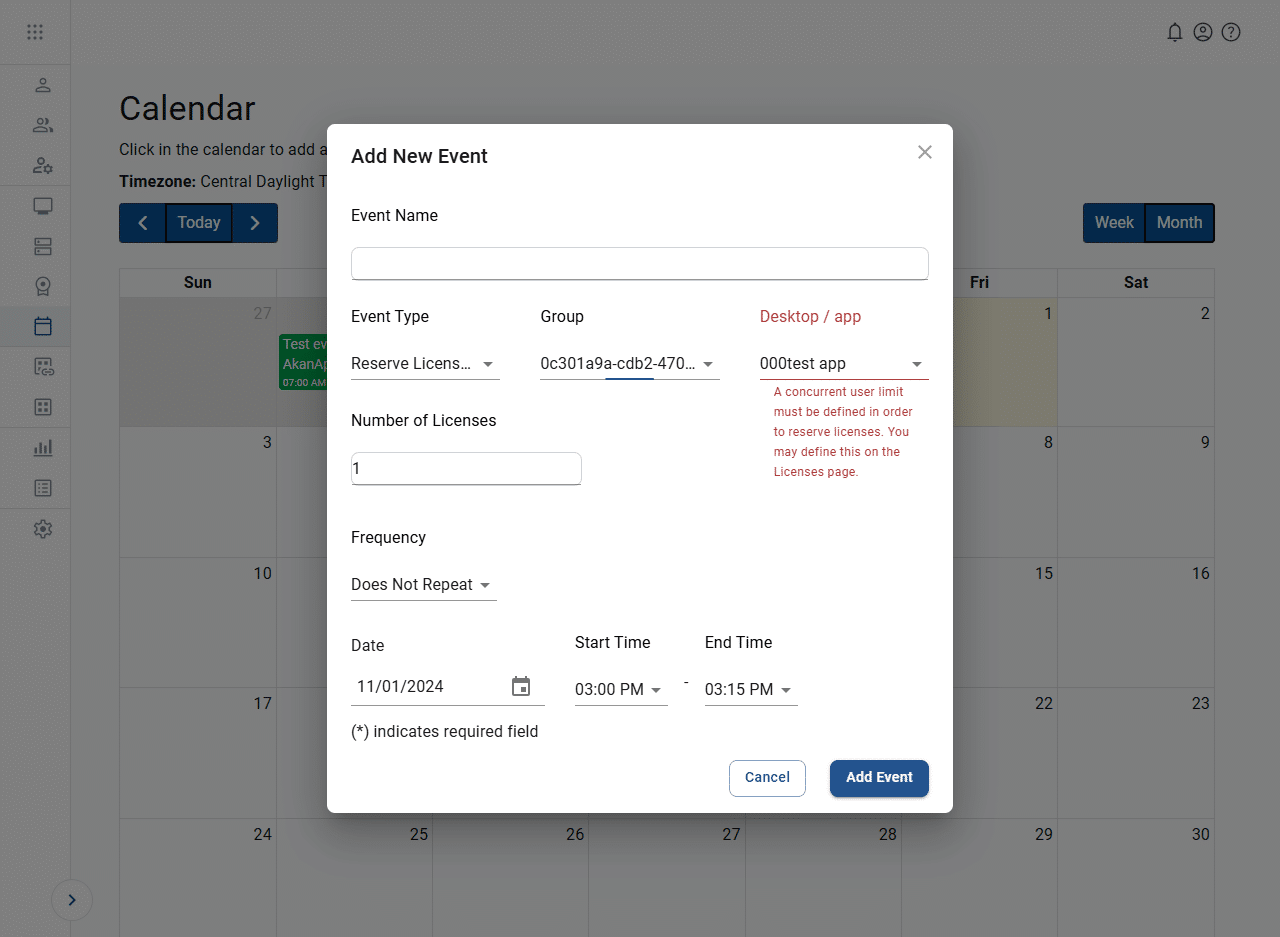 error message when trying to schedule license reservation when concurrent user limit is not set