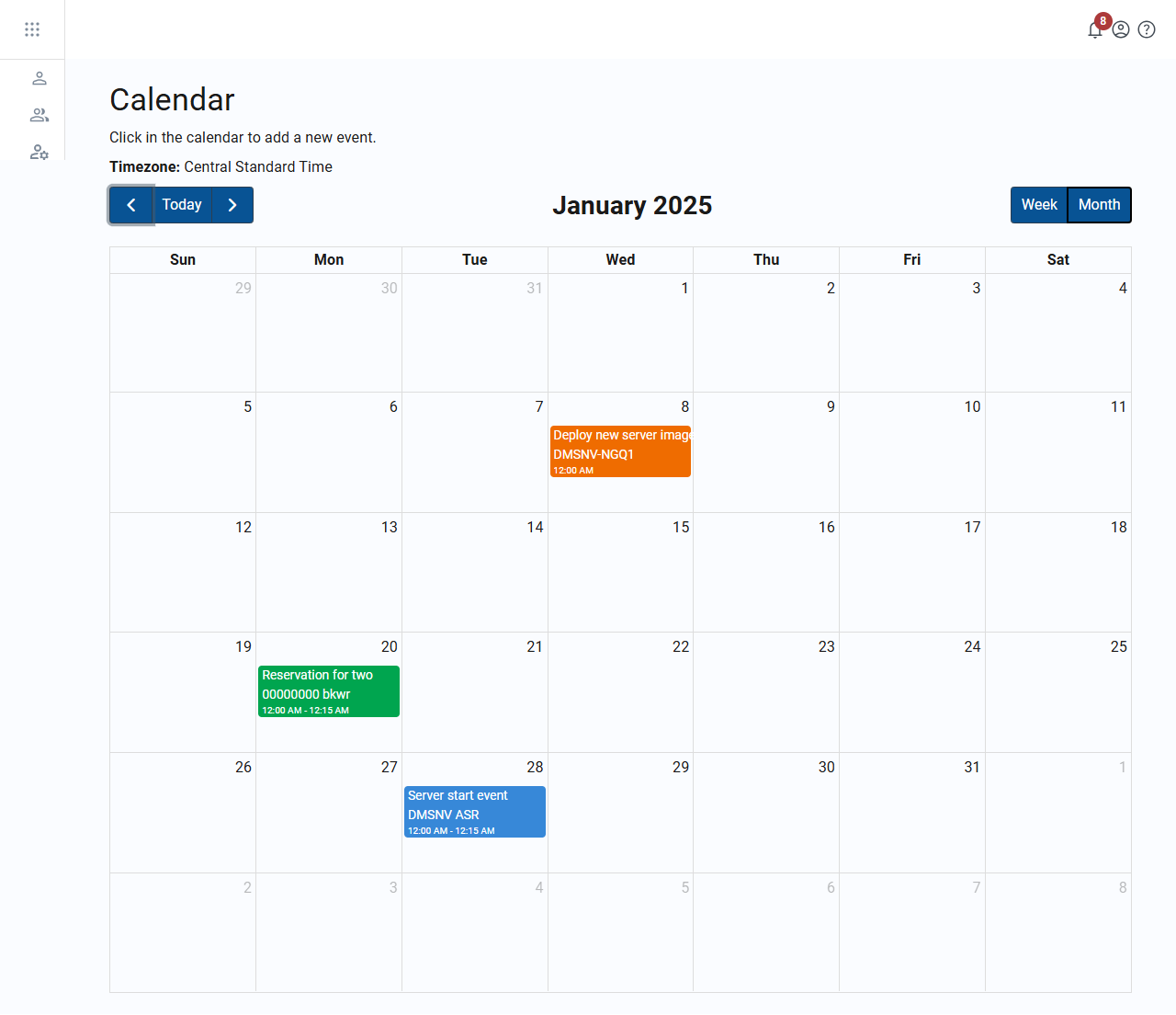 calendar month view with server deployment, license reservation, and server start events