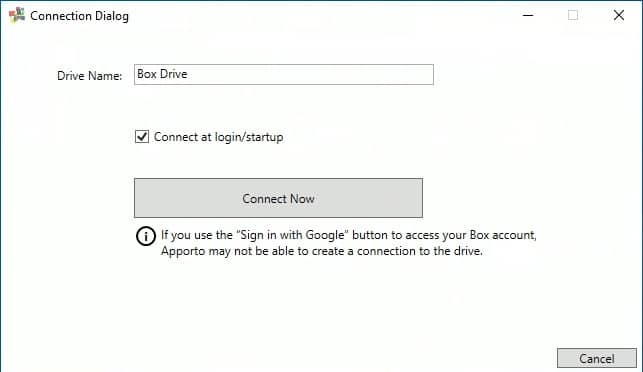 connection dialog for box.com accounts