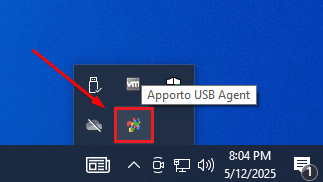 Apporto USB Agent icon in the taskbar tray